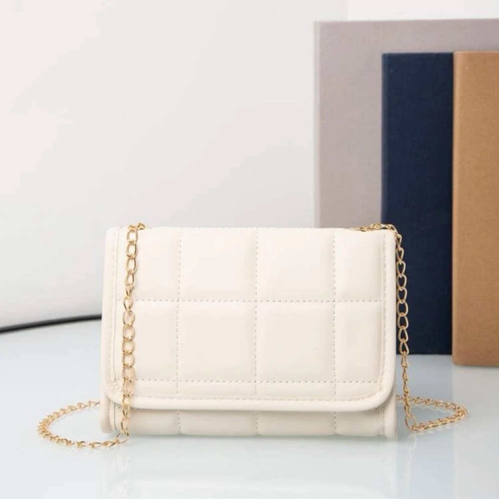 New Boho Plaid Quilted Cream Beige Faux Leather Flap Chain Square Crossbody Bag - Picture 15 of 16